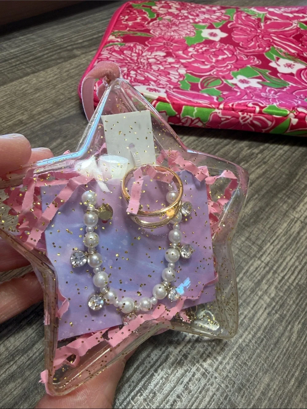 Lily Pulitzer Hot Pink Floral Tablet Sleeve with Faux Pearl Necklace & Ring